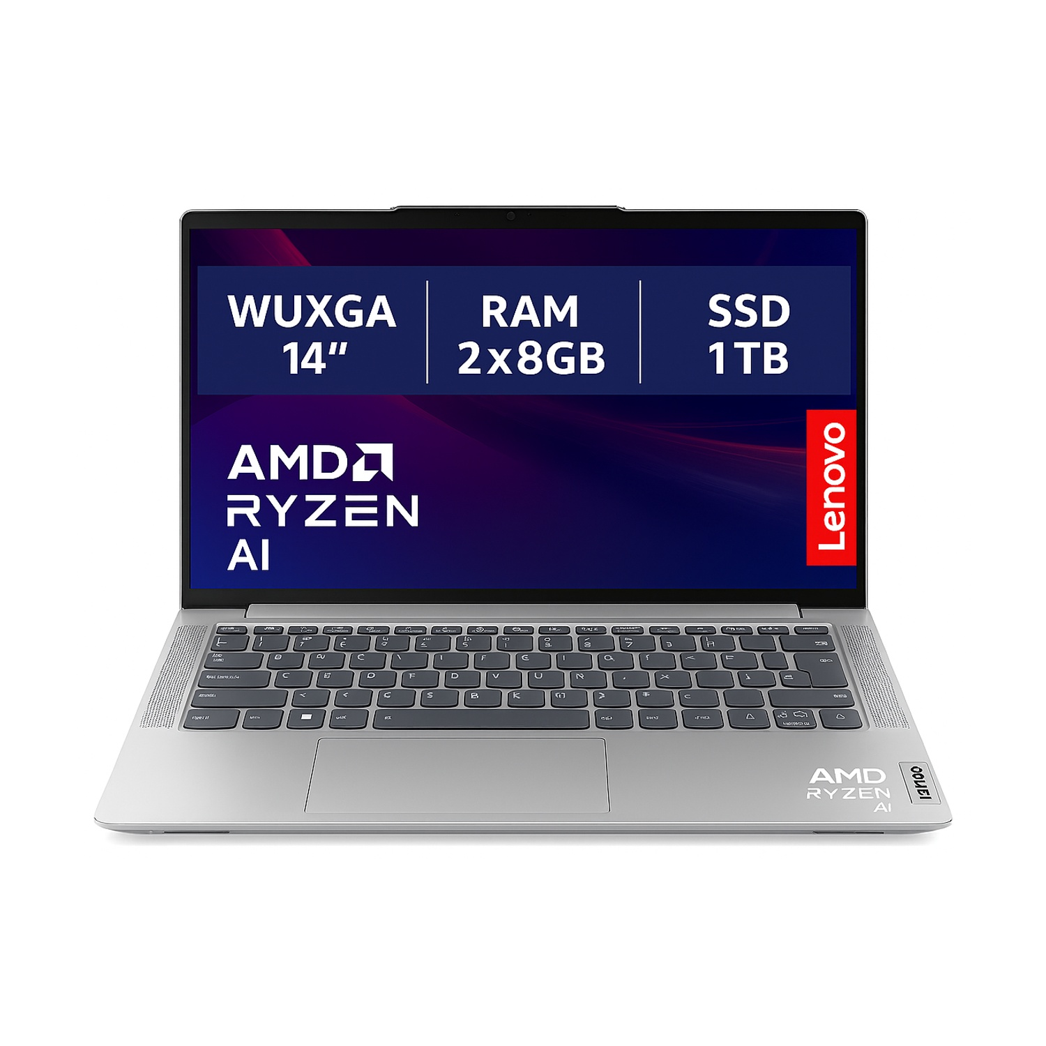 Laptop Lenovo argento. Il display mostra WUXGA 14", RAM 2x8GB, SSD 1TB. Logo AMD Ryzen AI su schermo e tastiera. Logo Lenovo a destra.