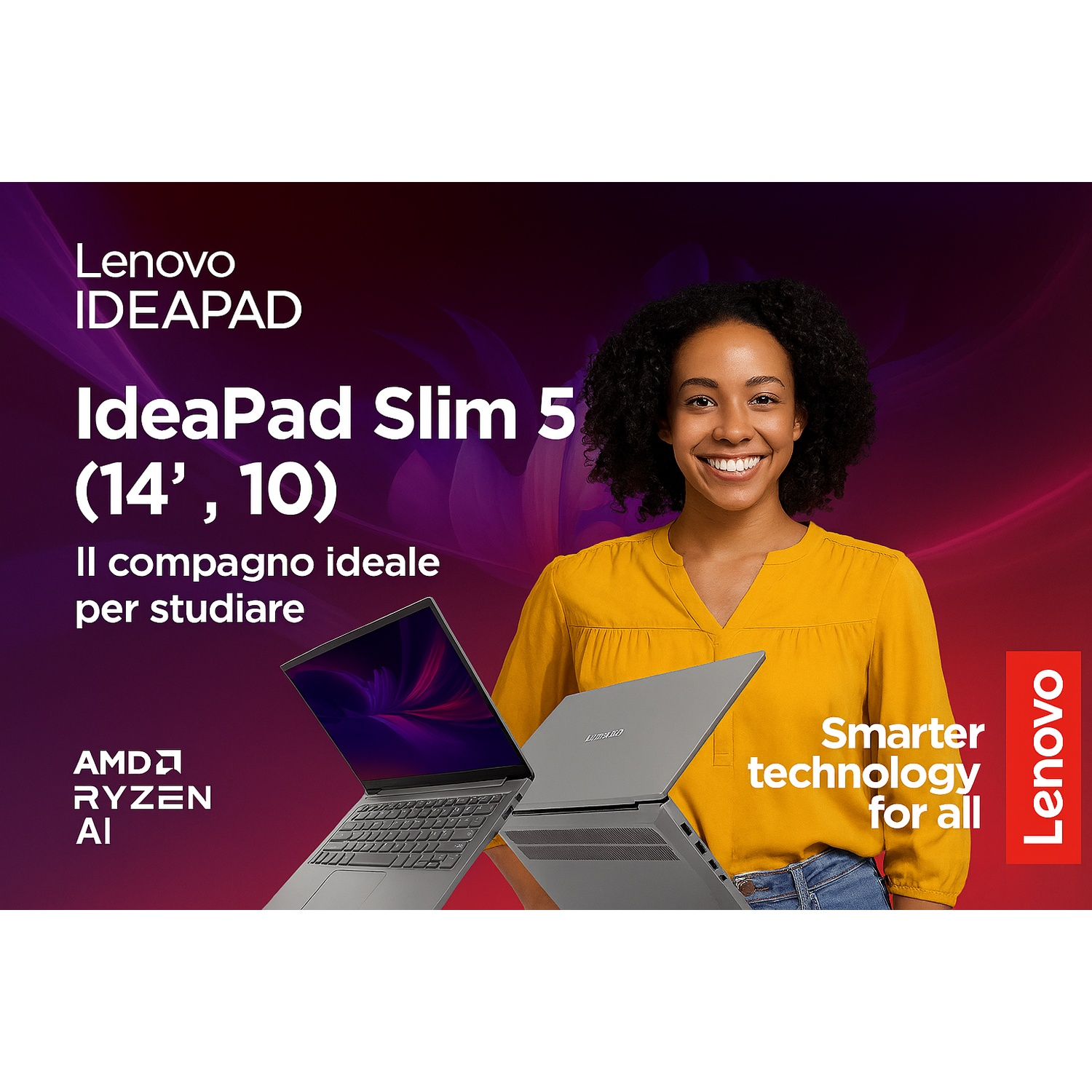 Una donna sorride accanto a due laptop. Il testo recita Lenovo IdeaPad Slim 5. Lo sfondo è viola con il logo Lenovo a destra.