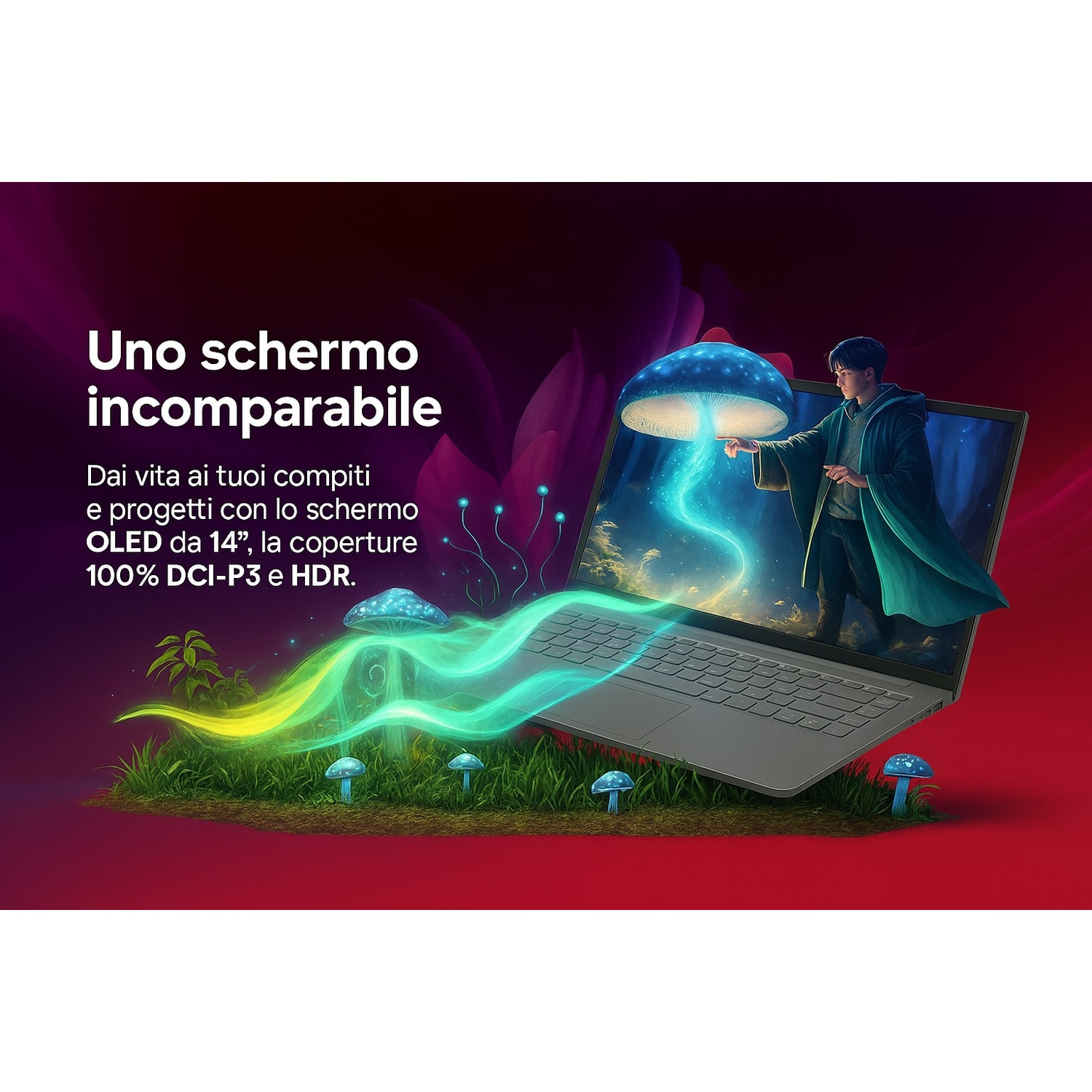 Laptop con una figura simile a un mago. Funghi e linee luminose emergono dallo schermo. Testo: 'Schermo Incomparabile'.