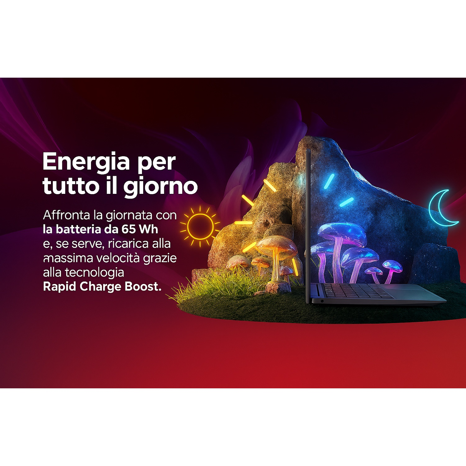 Laptop su un terrapieno erboso con funghi luminosi. Lo sfondo ha una formazione rocciosa, sole e luna crescente, con testo 'Energia per tutto il giorno'.