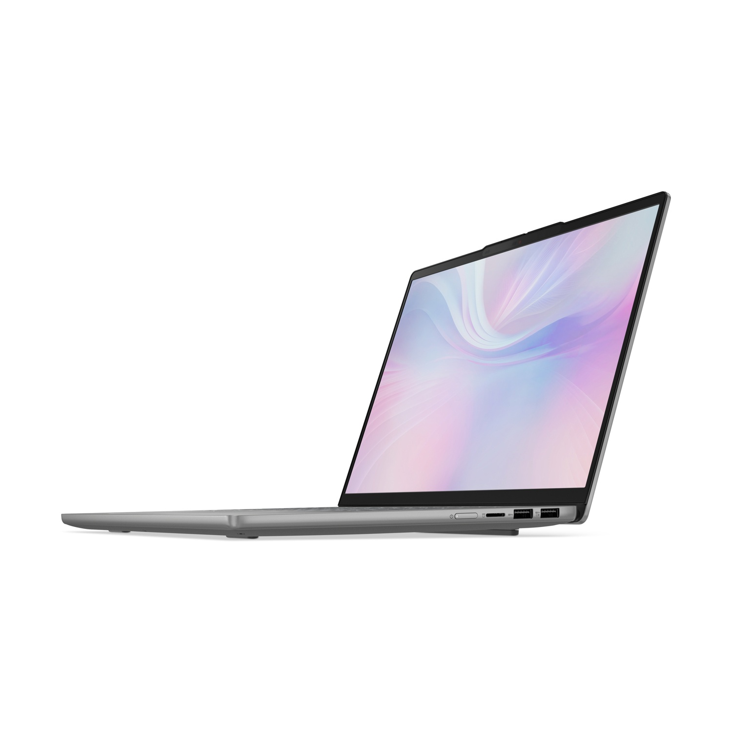 Un laptop argentato è aperto. Lo schermo mostra un'immagine astratta colorata. Lo sfondo è bianco.