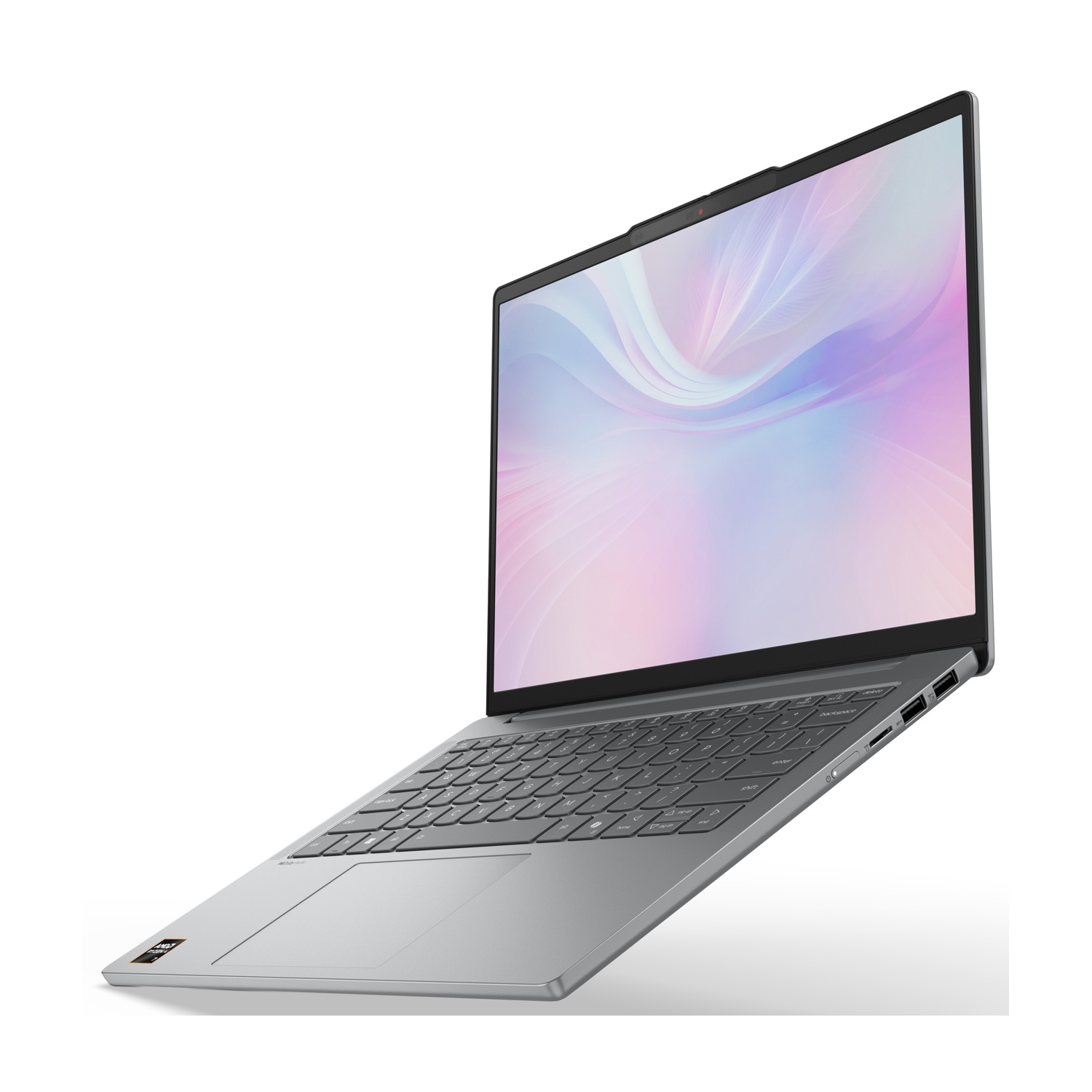Laptop argentato, leggermente angolato, su sfondo bianco. Lo schermo mostra un'immagine astratta colorata. Tastiera visibile.