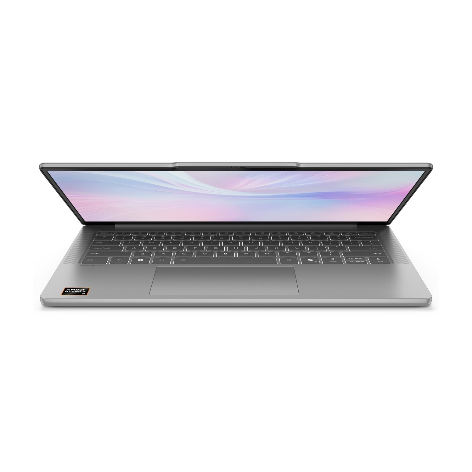 Laptop aperto su sfondo bianco. Lo schermo mostra una sfumatura colorata. Tastiera visibile con adesivo AMD Ryzen.
