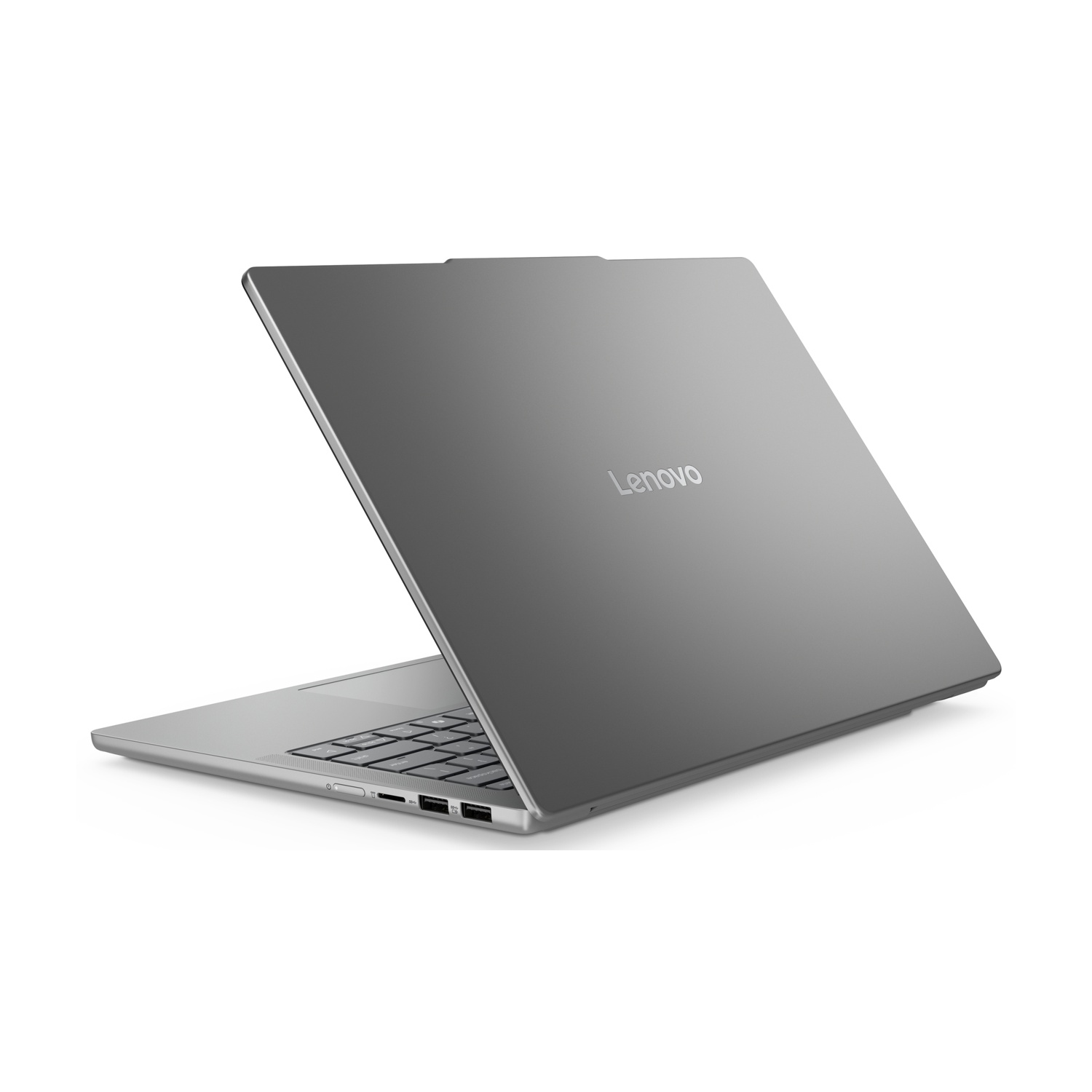 Un laptop Lenovo argentato è leggermente aperto, mostrando la tastiera. Il logo Lenovo è visibile sul coperchio. Lo sfondo è bianco.