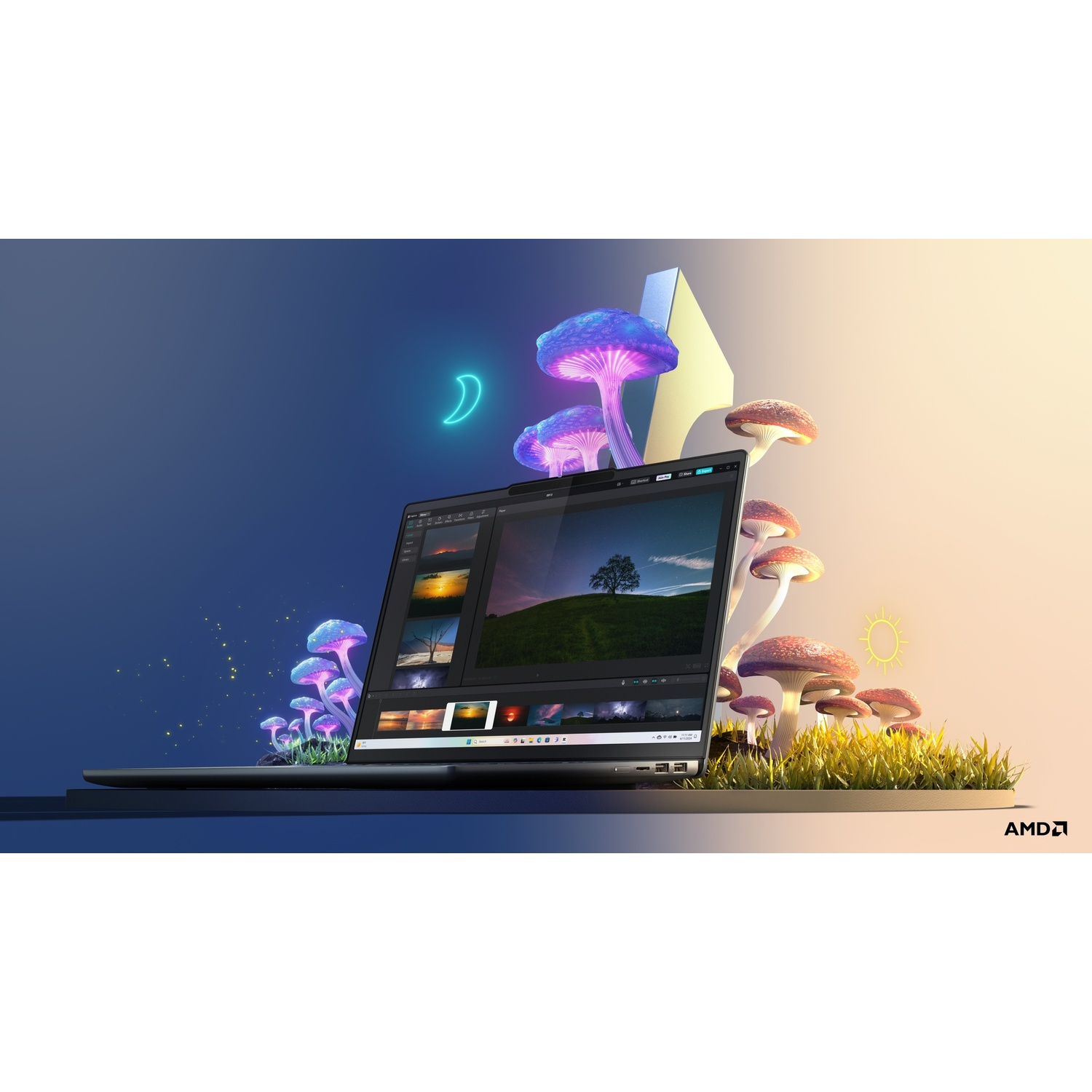 Laptop con foto, funghi ed erba. Luna e sole al neon sullo sfondo. Logo AMD.