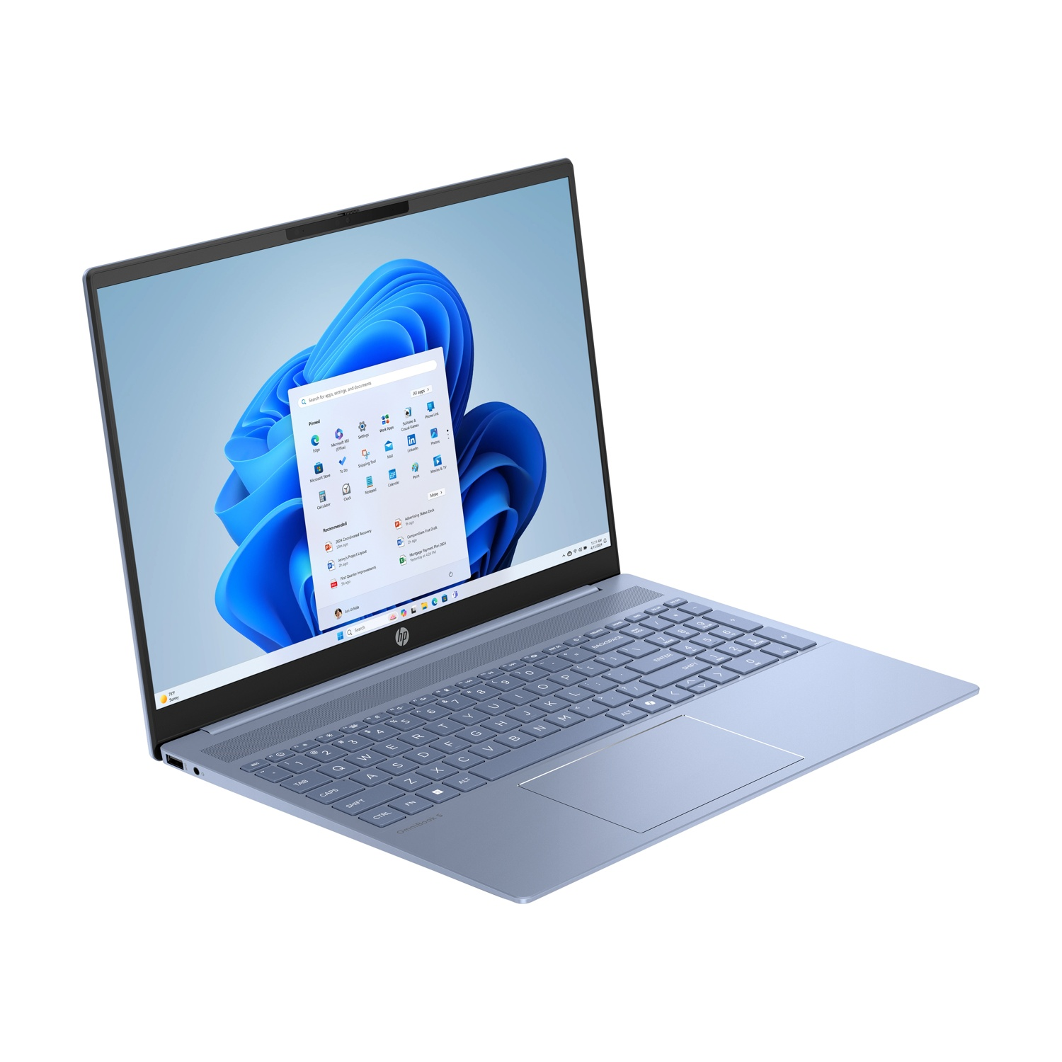 Un laptop azzurro chiaro su sfondo bianco. Lo schermo mostra l'interfaccia di Windows 11 con icone di applicazioni.