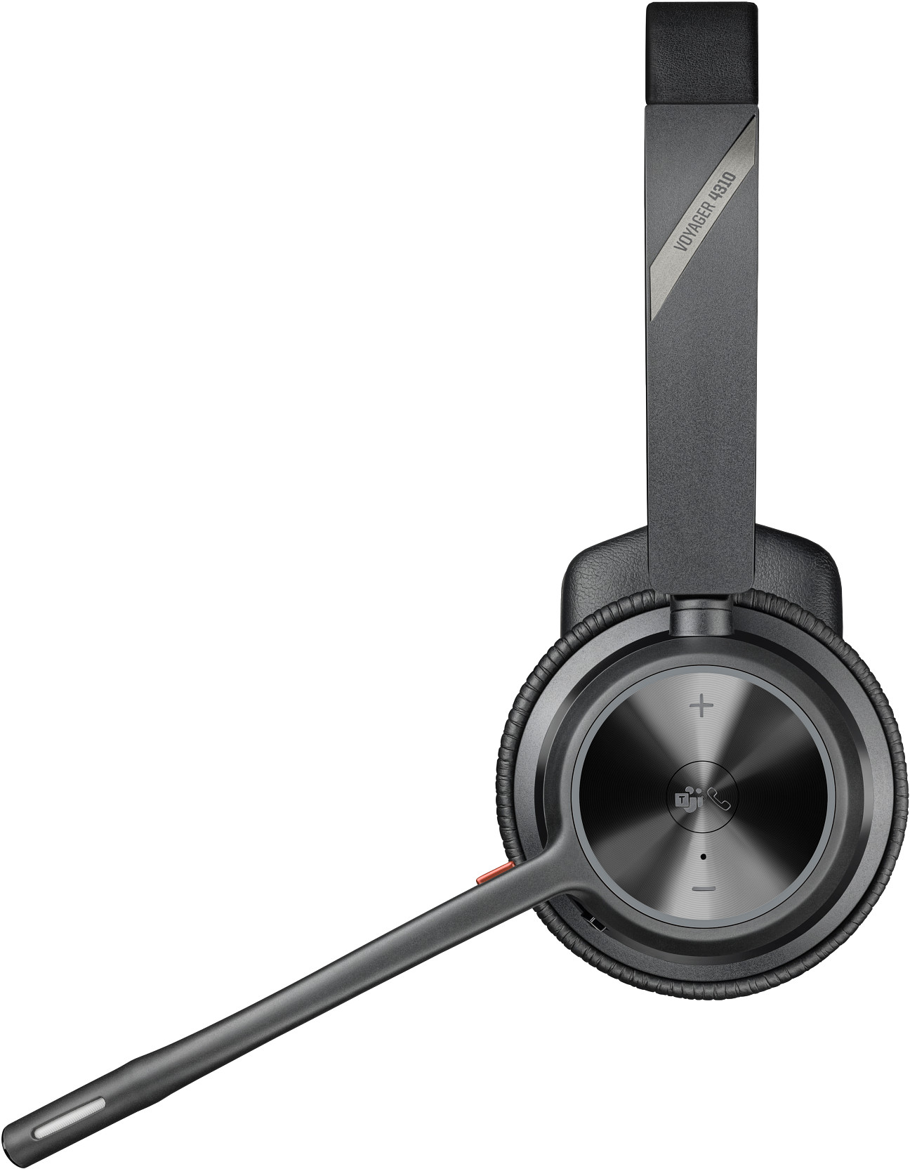 Ein dunkelgraues Voyager 4310 Headset. Es hat ein Mikrofon, Lautstärkeregler und ein gepolstertes Kopfband. Der Hintergrund ist weiß.