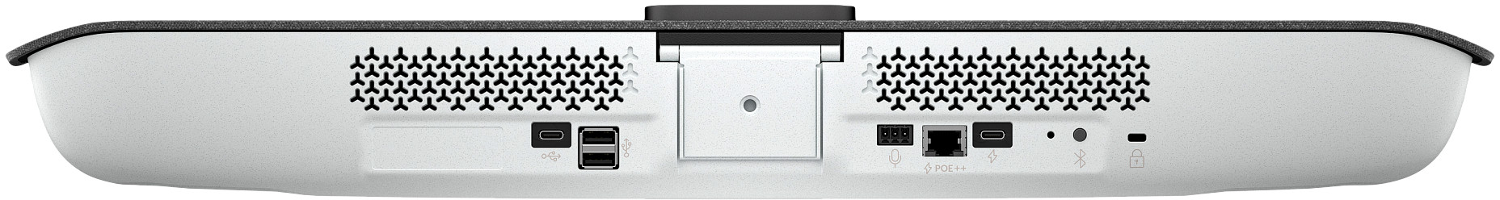 Ein weißes Gerät mit Anschlüssen, Lüftungsschlitzen und einem schwarzen Oberteil. Verfügt über USB-, Ethernet- und Audioeingänge/-ausgänge.