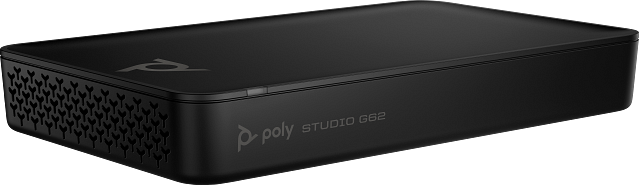 Ein schwarzes rechteckiges Gerät mit dem Poly-Logo und Studio G62. Es hat Belüftungslöcher auf einer Seite. Der Hintergrund ist schwarz.