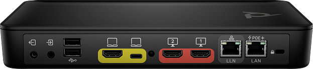 Rückseite eines schwarzen Geräts mit Anschlüssen: HDMI, Ethernet, USB. Anschlüsse sind beschriftet und farblich gekennzeichnet. Logo oben rechts.