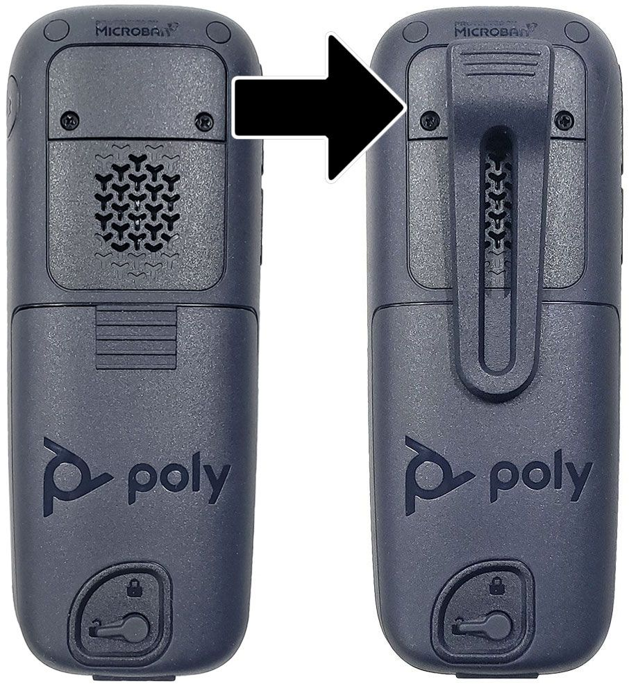 Zwei dunkelgraue Poly-Geräte. Eines zeigt einen Lautsprecher, das andere einen Clip. Beide haben das Poly-Logo und ein Schlosssymbol.