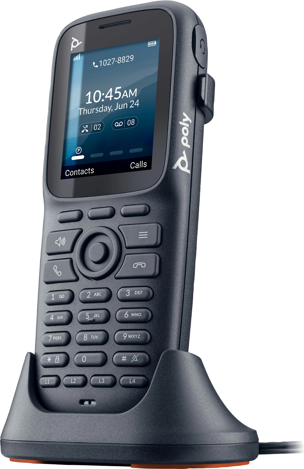 Ein dunkelgraues Poly-Telefon ist angedockt. Der Bildschirm zeigt Uhrzeit und Anrufinformationen an. Tasten und ein Lautsprecher sind sichtbar.