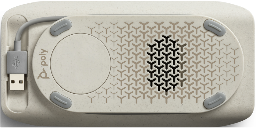 Cremefarbenes Gerät mit USB-Kabel. Es hat eine gemusterte Oberfläche und graue Akzente. Das Poly-Logo ist sichtbar.