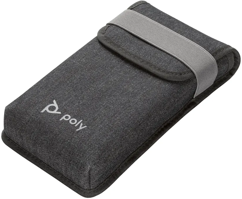 Eine graue Poly-Tragetasche mit einem grauen Gummiband. Auf der Tasche steht das Logo "poly".