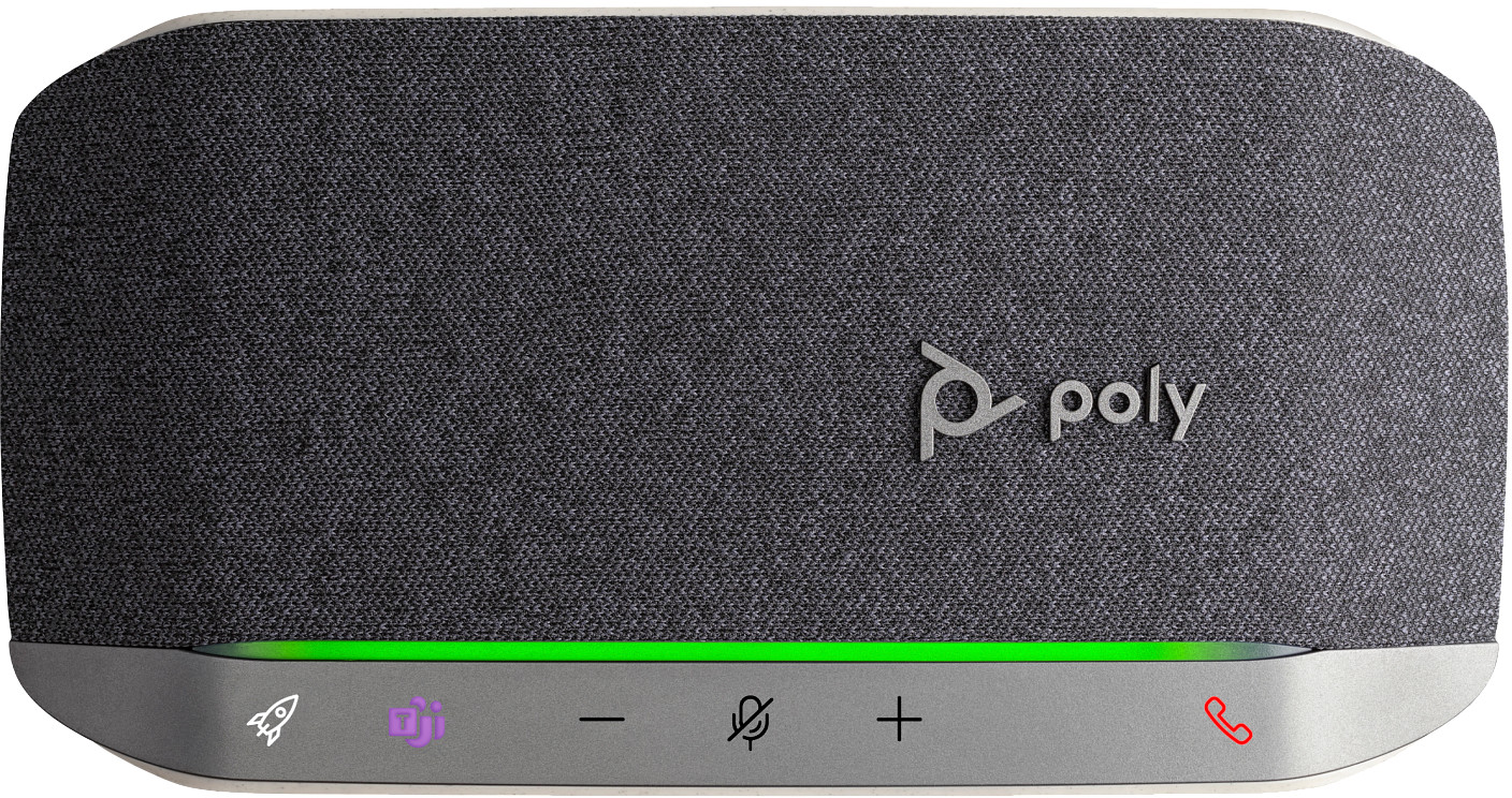 Ein grauer Lautsprecher mit dem Poly-Logo. Es hat ein grünes Licht und Tasten für Lautstärke, Stummschaltung und ein Telefonsymbol.