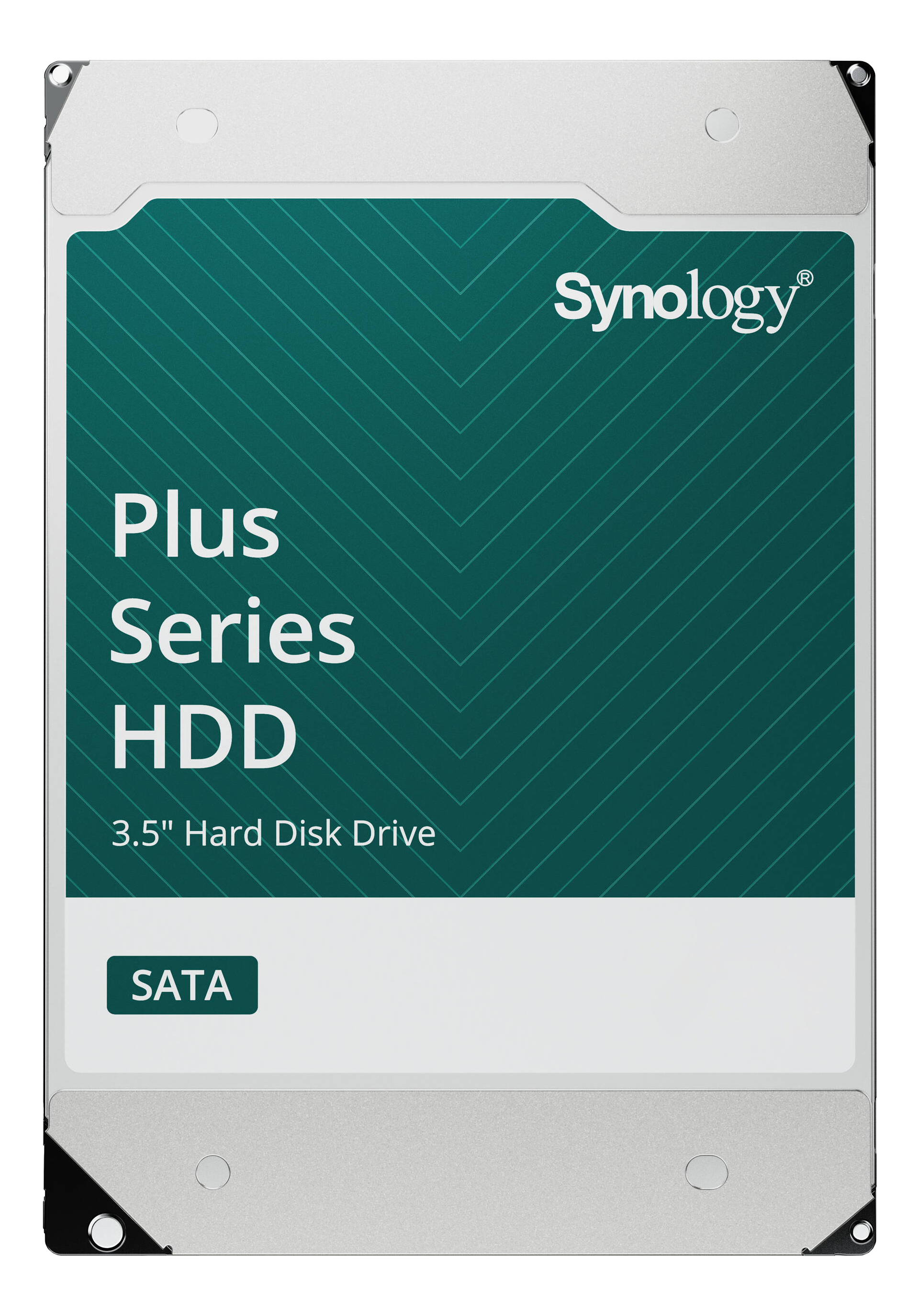 Un disque dur. Il a une étiquette sarcelle et blanche avec le logo Synology et les détails du produit : Plus Series HDD.