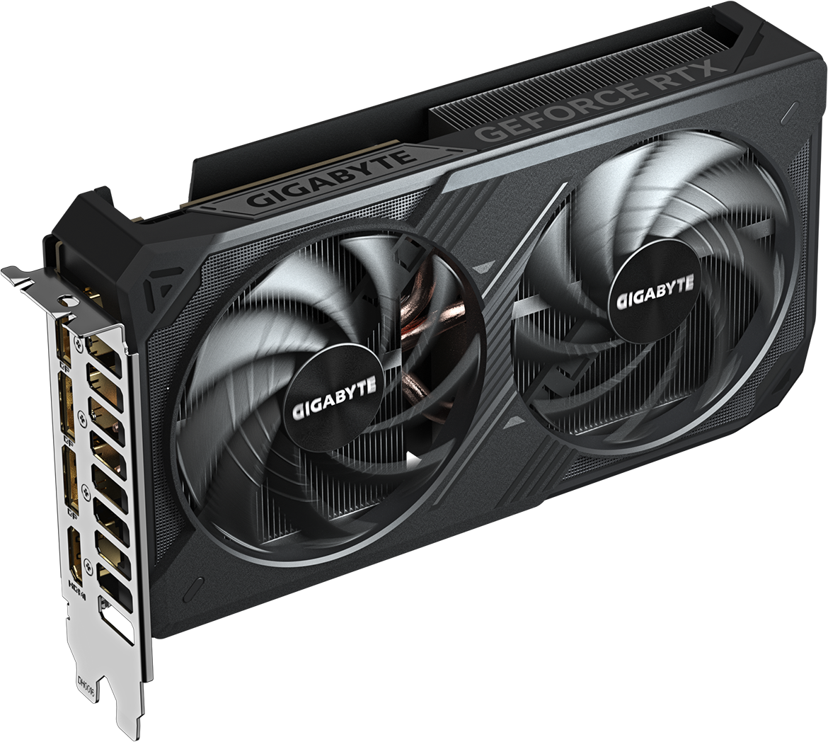 Une carte graphique Gigabyte GeForce RTX. Elle possède deux ventilateurs, le nom de la marque est visible sur les ventilateurs et sur le dessus.