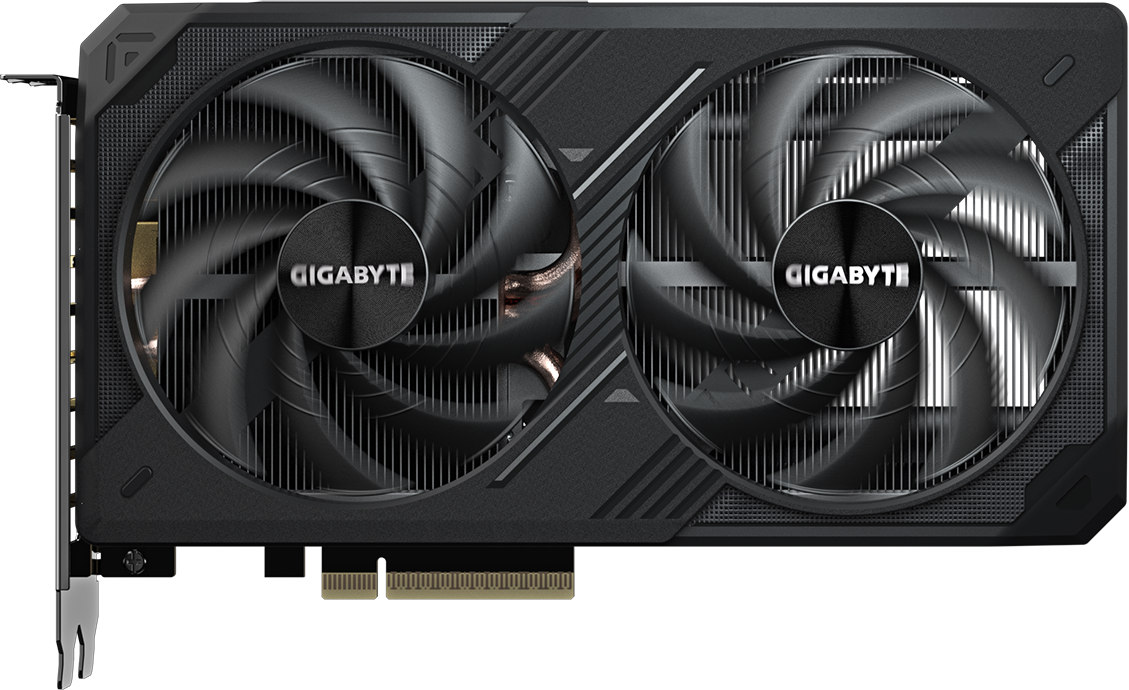 Une carte graphique Gigabyte. Elle possède deux grands ventilateurs, le logo au centre. La palette de couleurs est noire et gris foncé.