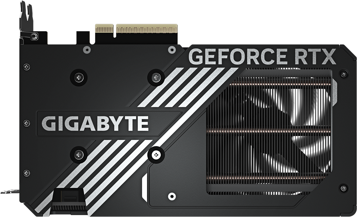 Carte graphique Gigabyte GeForce RTX noire et argentée. Comprend un ventilateur, un dissipateur thermique et le logo GeForce RTX.