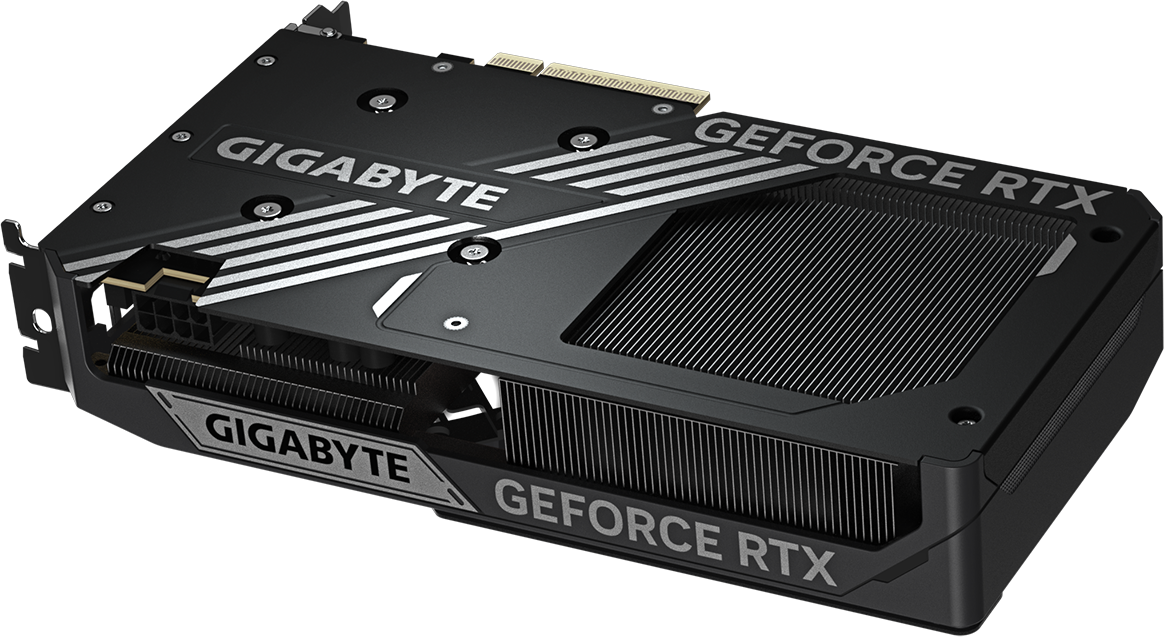 Une carte graphique Gigabyte GeForce RTX noire et argentée. Elle comporte plusieurs aérations et les logos Gigabyte et GeForce RTX.