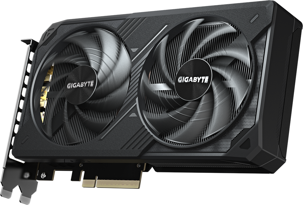 Une carte graphique Gigabyte noire et grise. Elle comporte deux ventilateurs, le logo Gigabyte et un connecteur doré.