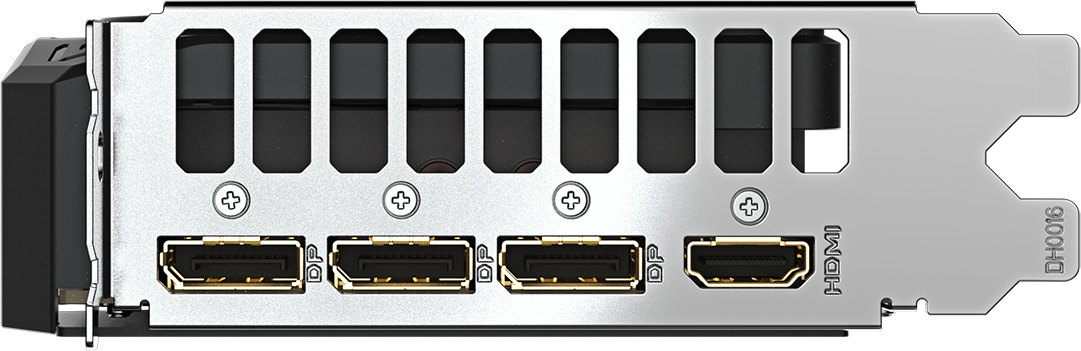 Une plaque arrière argentée de carte graphique avec ports: DisplayPort et HDMI. Fentes noires au-dessus des ports.
