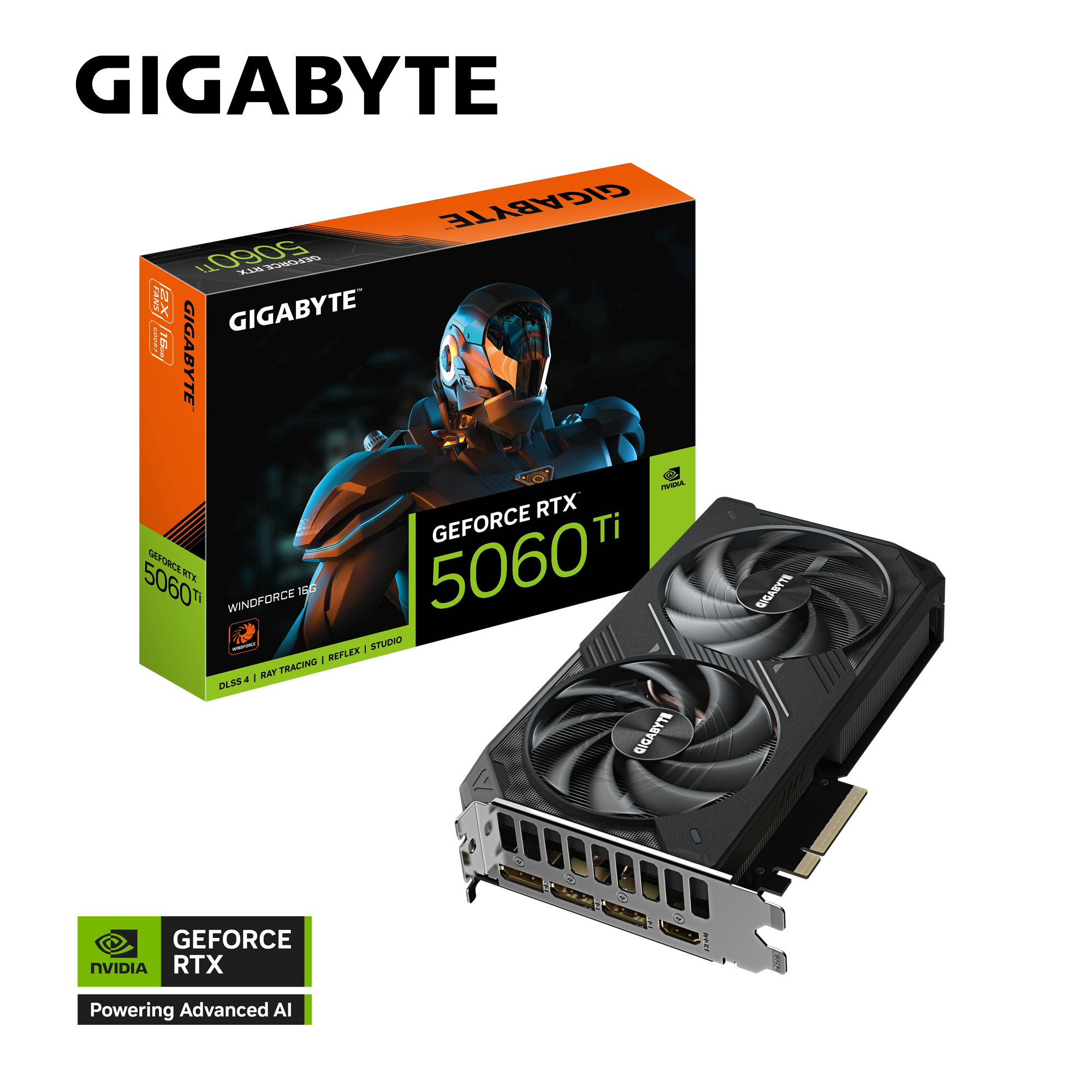 Une carte graphique Gigabyte GeForce RTX 5060 Ti à côté de sa boîte, avec une figure futuriste. La boîte est verte et orange.