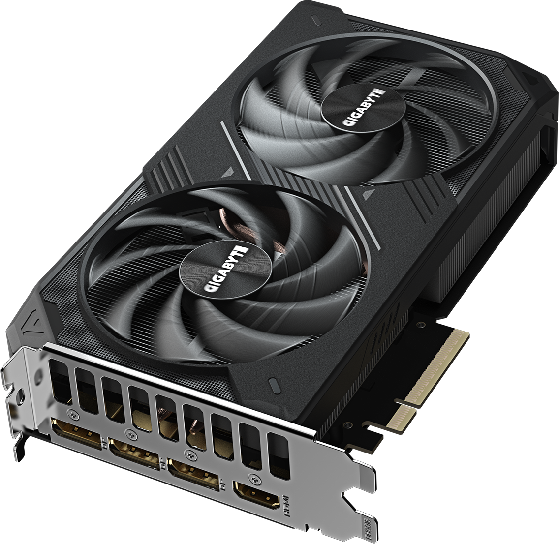 Une carte graphique Gigabyte noire et grise avec deux ventilateurs. Panneau de ports argenté avec ports HDMI et DP.