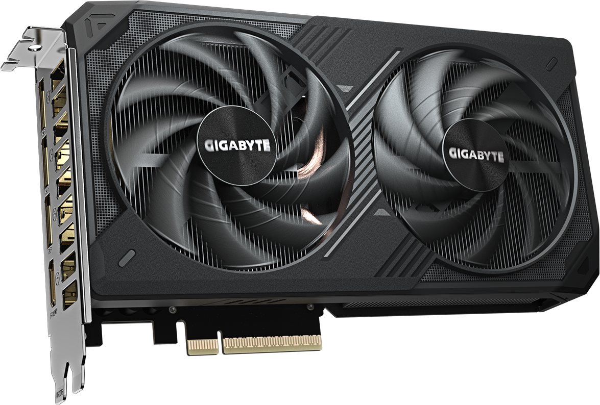 Une carte graphique Gigabyte noire et grise avec deux ventilateurs. La carte présente le logo Gigabyte et divers ports.