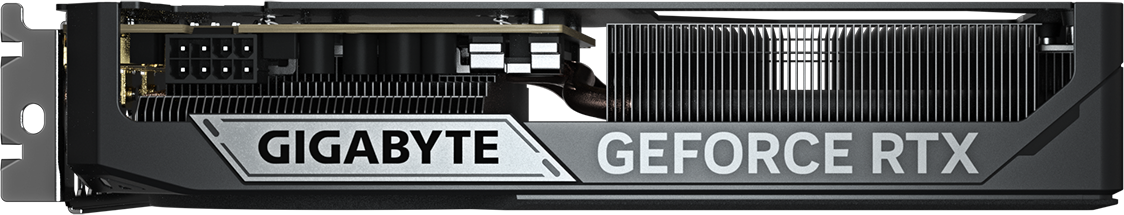 Une carte graphique GIGABYTE GEFORCE RTX noire et argentée. Elle a un design de ventilateur et de dissipateur thermique.