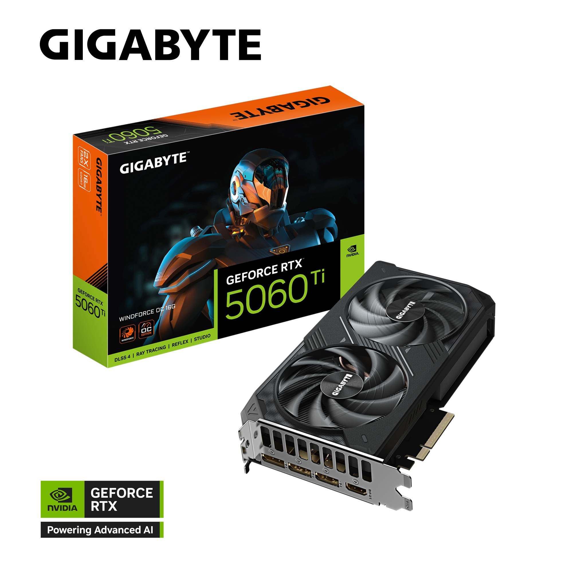 Une carte graphique Gigabyte GeForce RTX 5060 Ti et sa boîte. La carte est noire. La boîte est orange et noire.