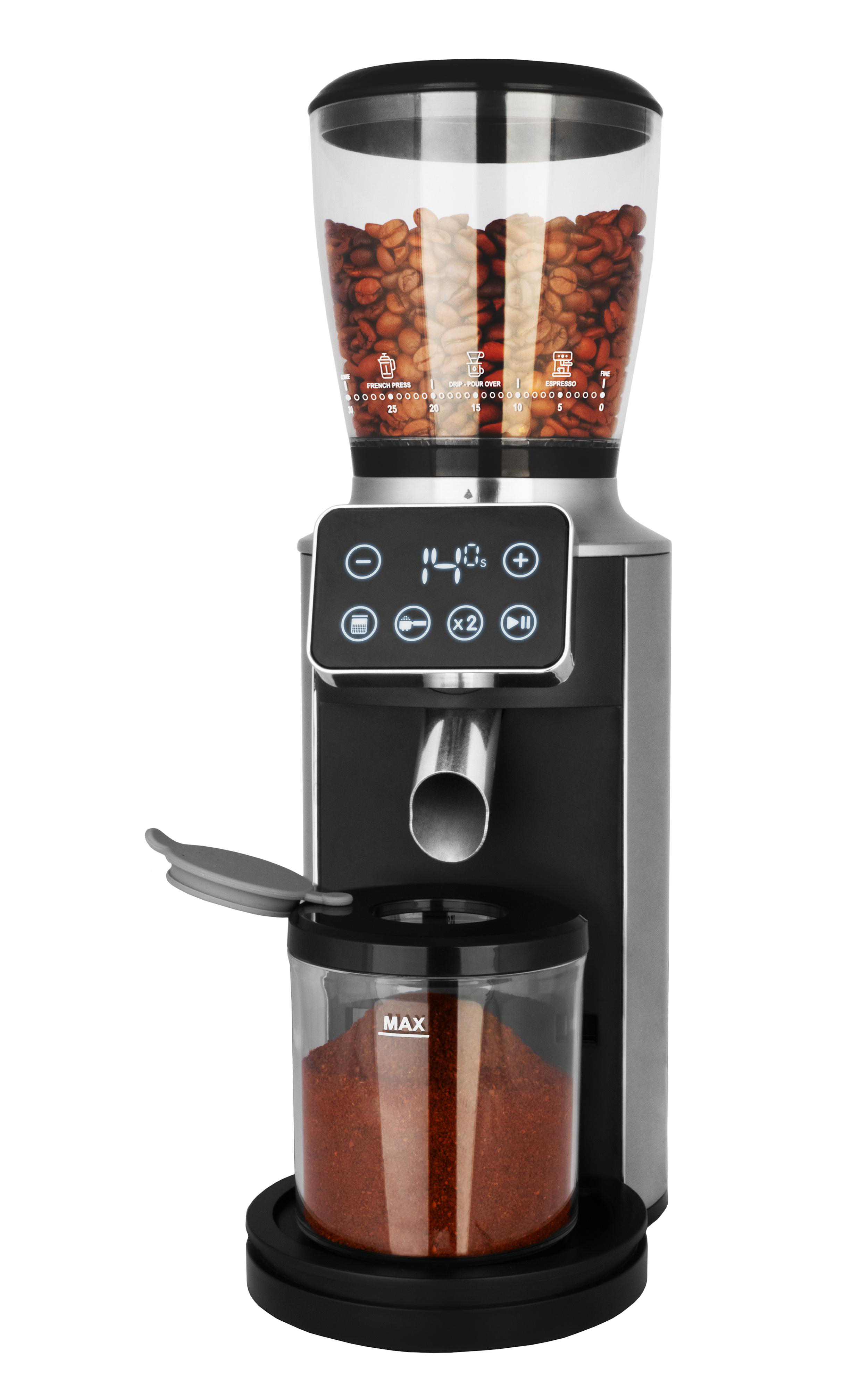 Kaffeemühle mit Bohnen, Anzeige zeigt 140s. Ein Glas darunter enthält Kaffeepulver.
