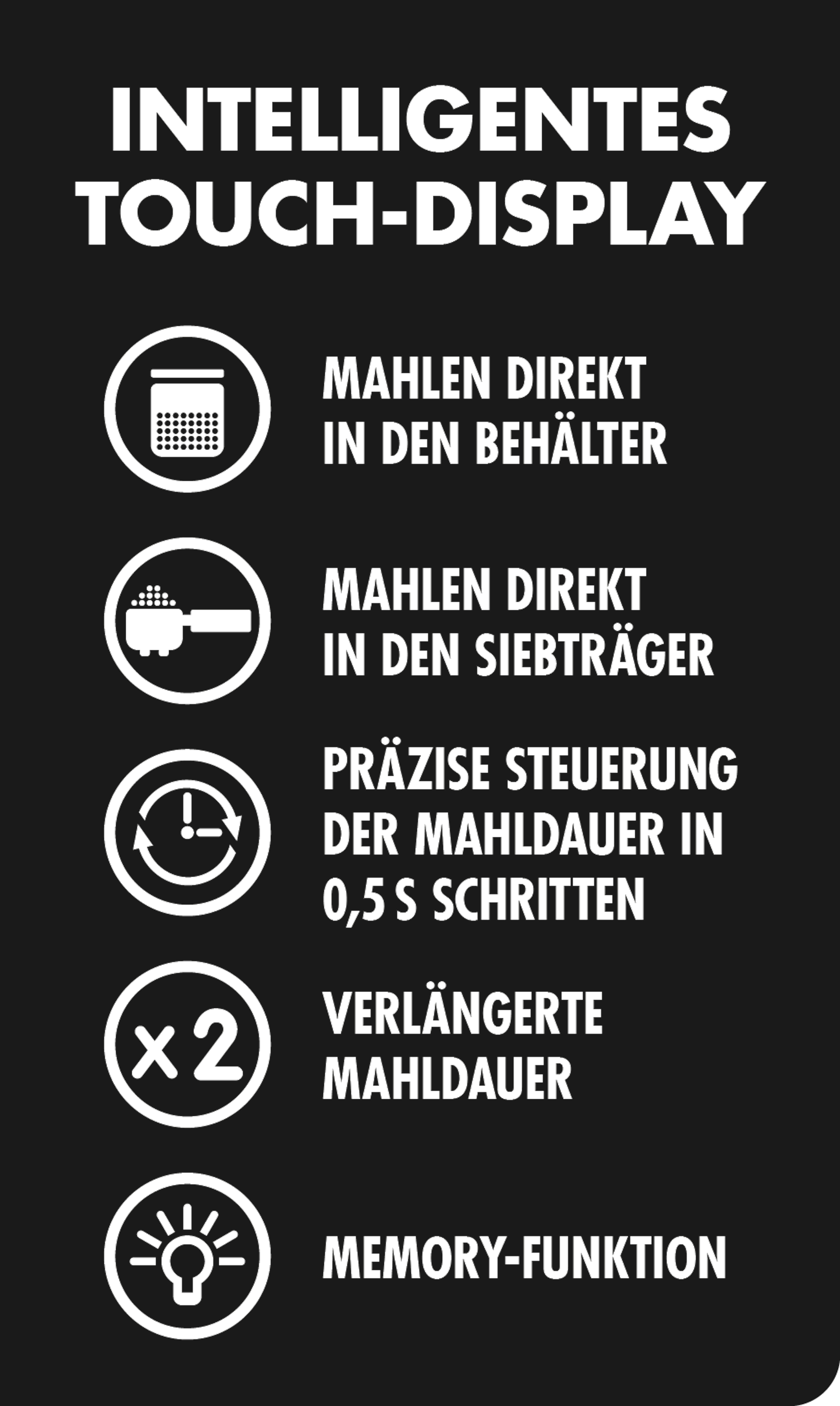 Schwarzer Hintergrund mit weißem Text und Symbolen. Text enthält 'Touch-Display' und Beschreibungen von Kaffeemaschinenfunktionen.