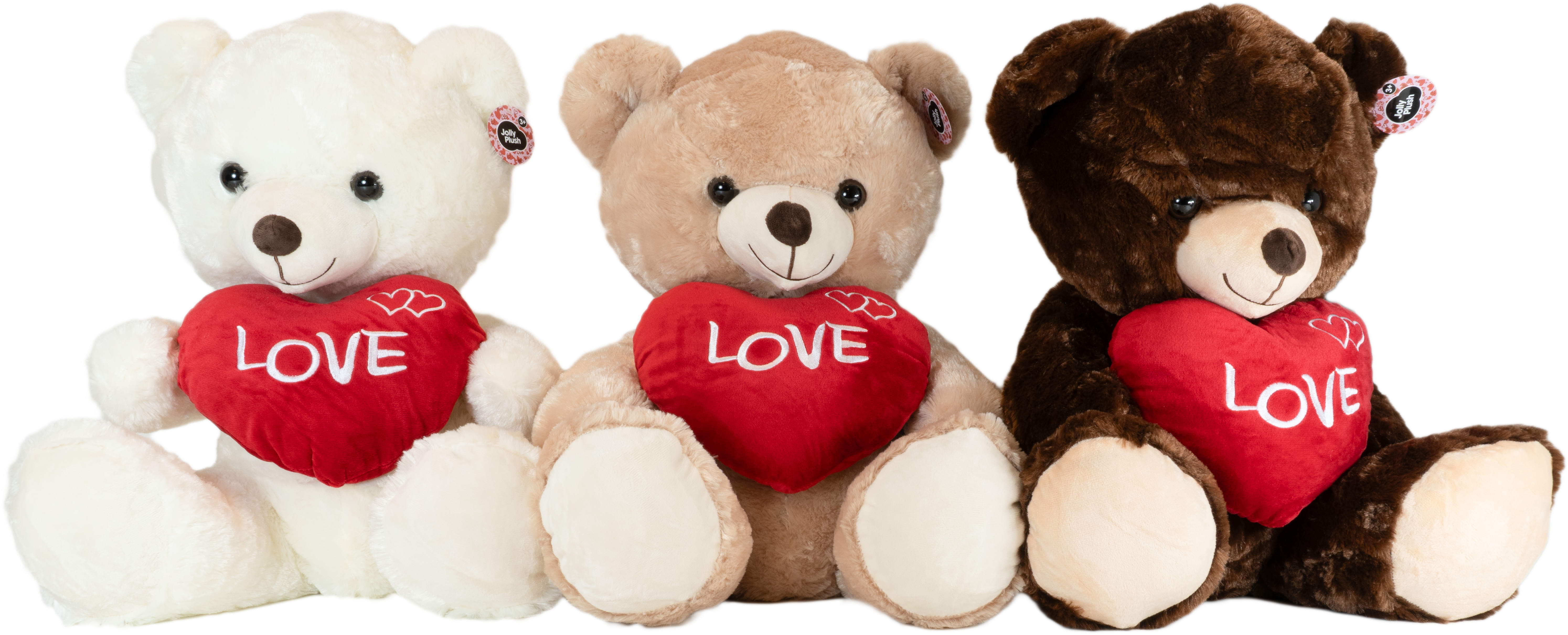 Three teddy bears in white, tan, and brown holding red heart-shaped pillows with the word LOVE on them. White background.