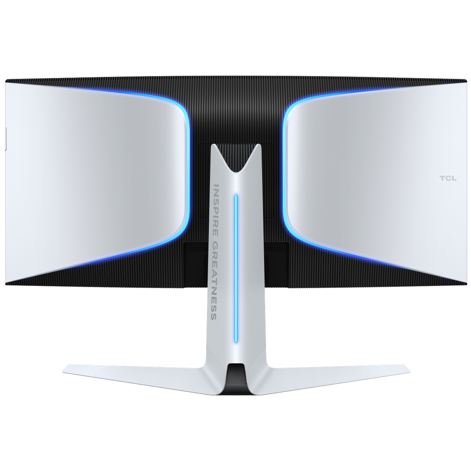 Een wit en zwarte computermonitor met een witte standaard. Het heeft blauwe lichten en de tekst "INSPIRE GREATNESS".