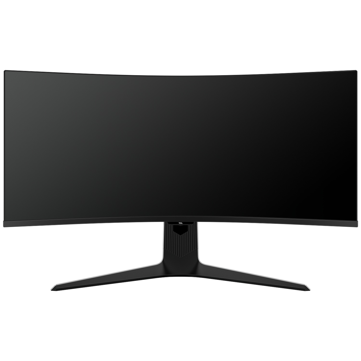 Een gebogen zwarte computermonitor met bijpassende standaard. Het scherm is leeg. Het TCL-logo is zichtbaar.