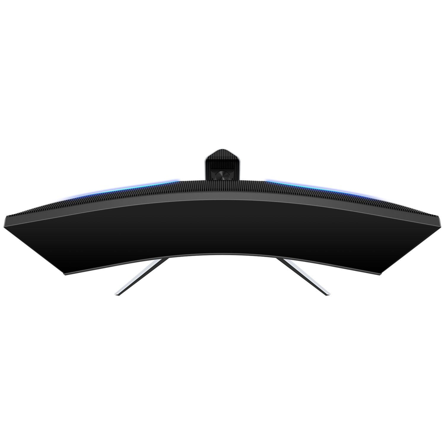 Een gebogen zwarte computermonitor met een blauwe lichtstrip bovenaan. Het heeft zilveren poten en een camera in het midden bovenaan.