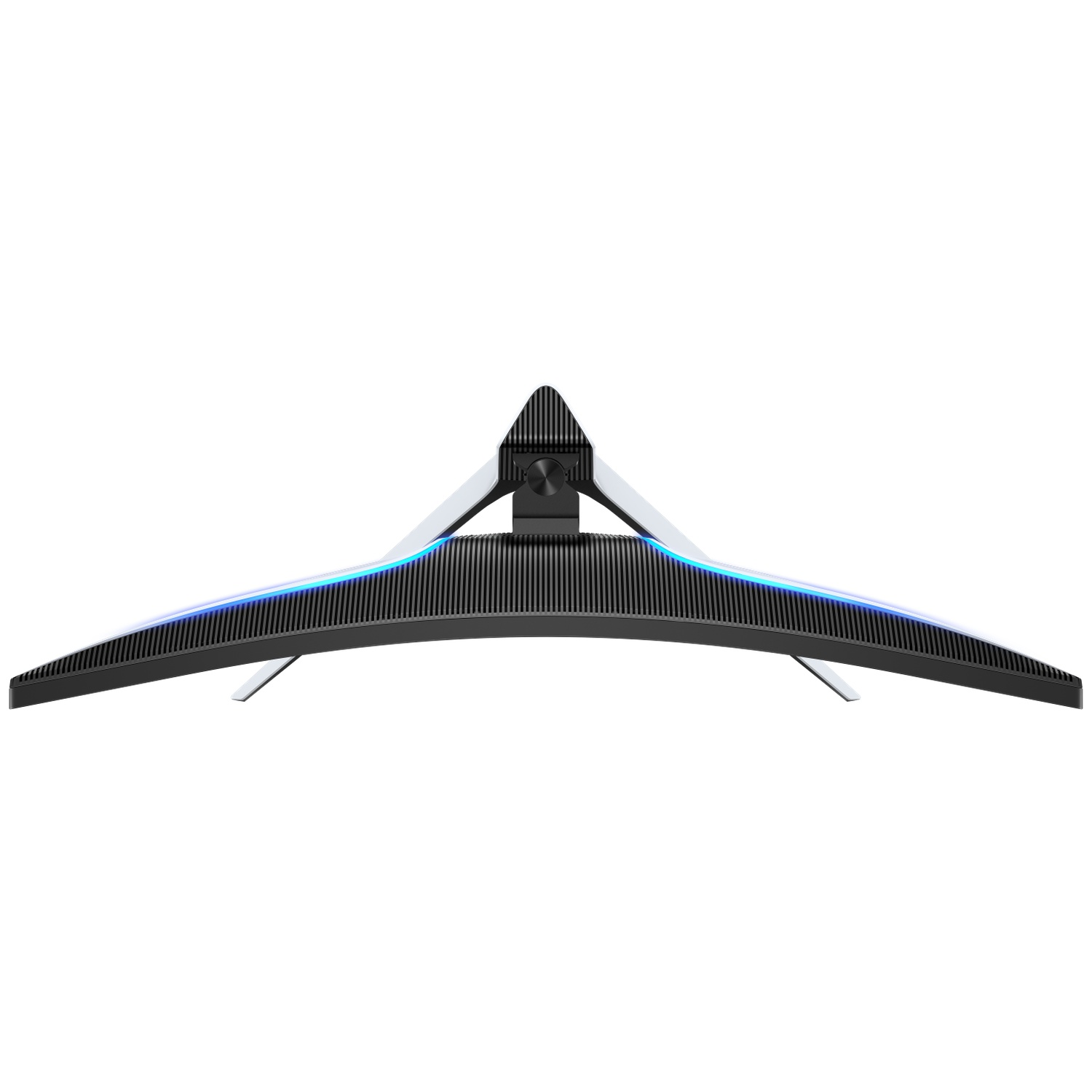 Gebogen zwarte computermonitor met blauw licht aan de onderkant. Zilveren standaard en zwarte steunarm. Witte achtergrond.
