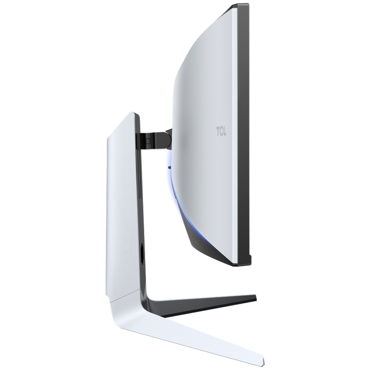 Zijaanzicht van een gebogen TCL-monitor. Hij is wit met een zwarte rand. De standaard is ook wit en de monitor staat tegen een witte achtergrond.