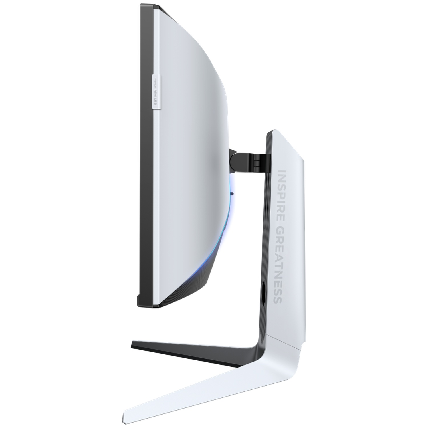 Een zwart-witte computermonitor wordt van de zijkant getoond. De standaard heeft de woorden Inspire Greatness.