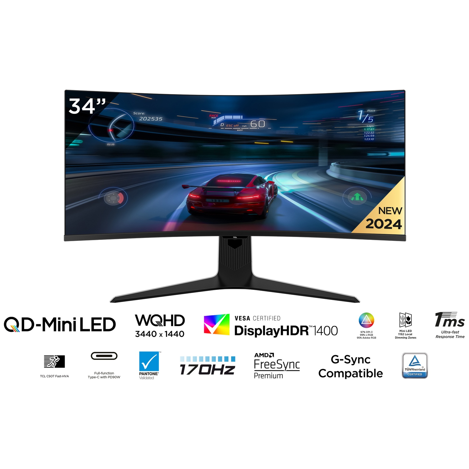 Een gebogen monitor toont een racegame. Informatie omvat snelheid, rondetijden en positie van de auto. Kenmerken worden hieronder weergegeven.