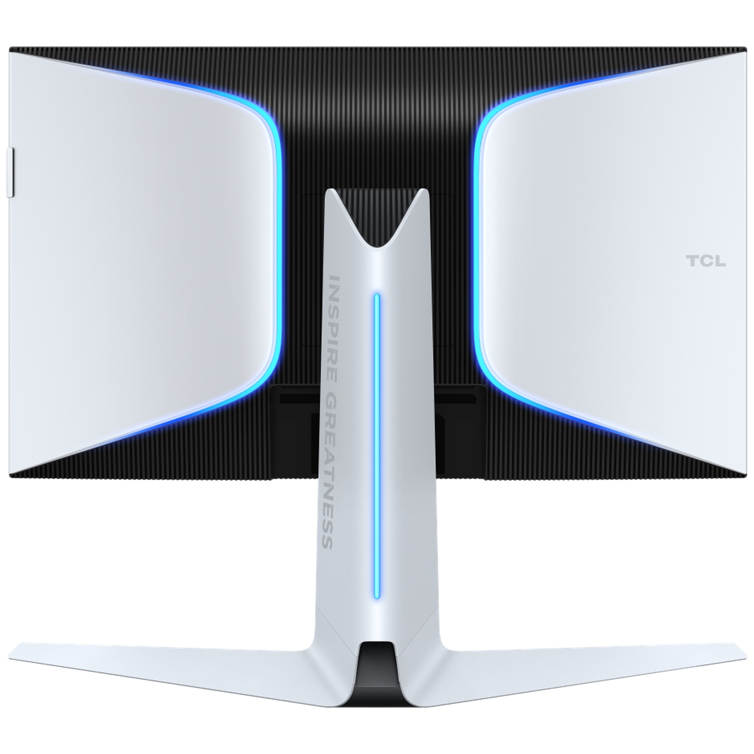 Un moniteur TCL blanc. Il a un dos noir, des côtés blancs avec des lumières bleues et un pied blanc avec les mots 'INSPIRE GREATNESS'.