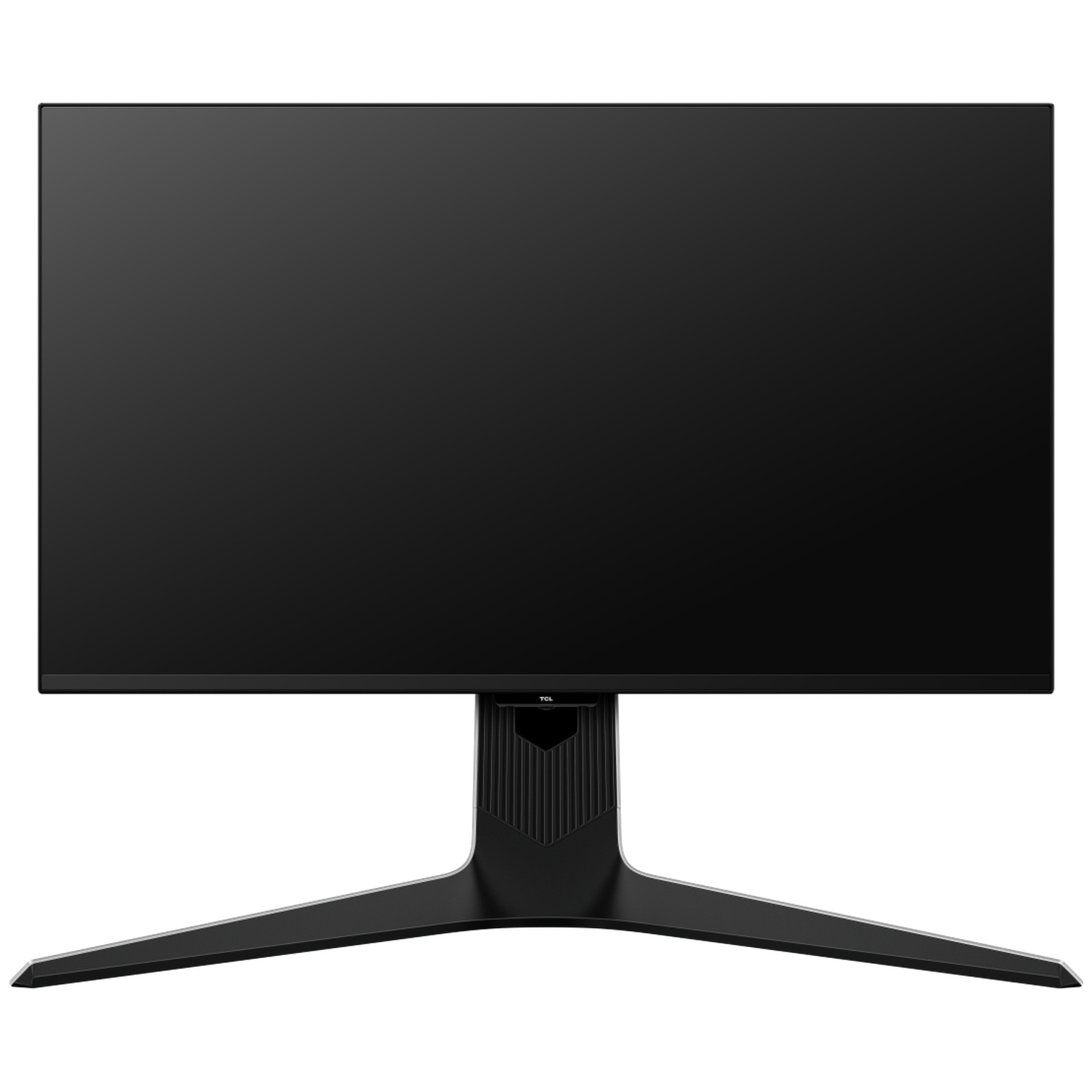 Un écran d'ordinateur noir avec un pied noir. L'écran est vide. Le pied a un design angulaire unique.