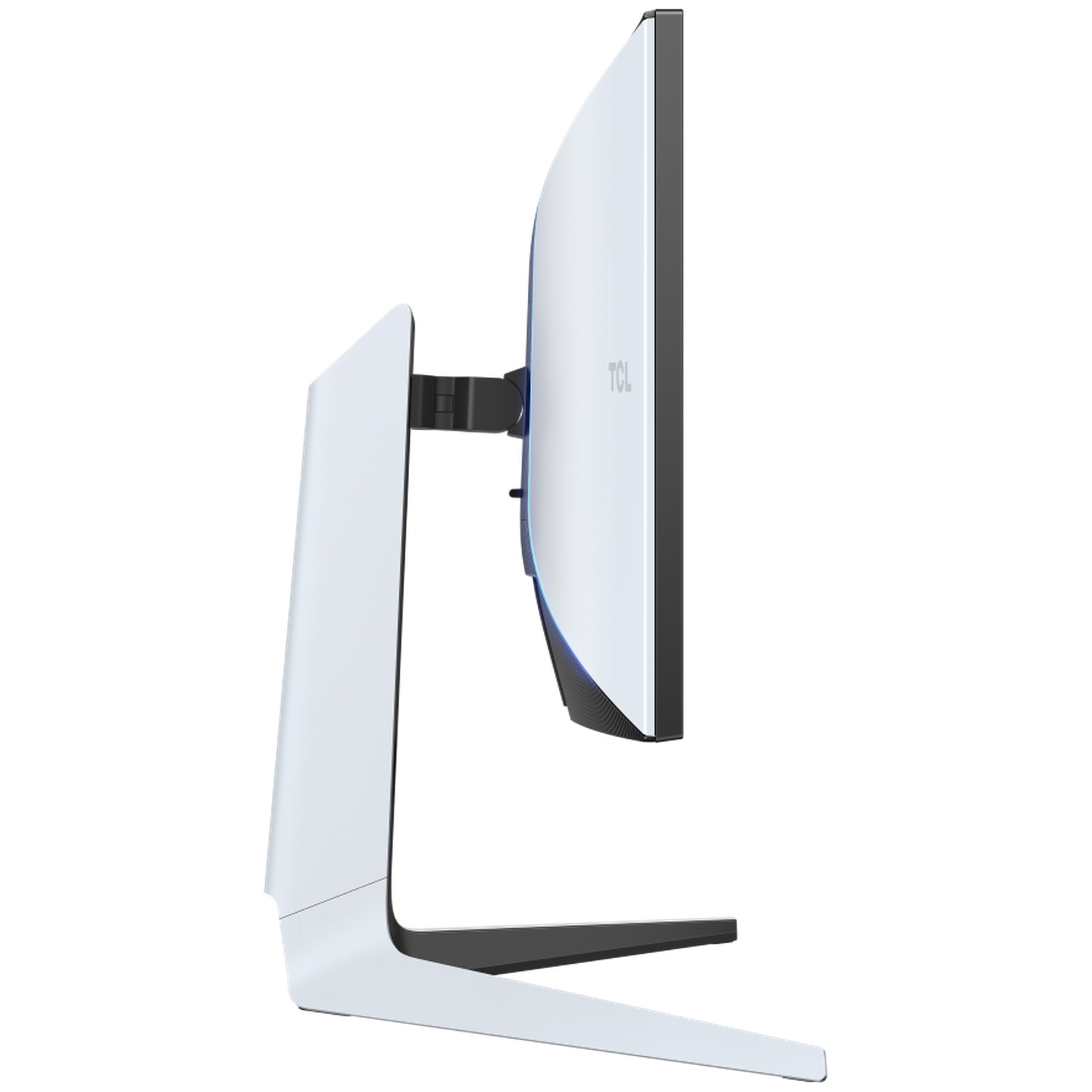 Vue latérale d'un moniteur TCL blanc et noir. L'écran est incurvé. Le support est blanc avec une base noire.