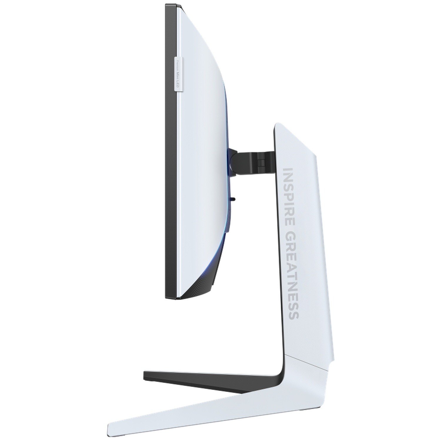 Vue latérale d'un écran d'ordinateur blanc avec une base noire. Le support indique 'Inspire Greatness'. Le moniteur a une lumière bleue.