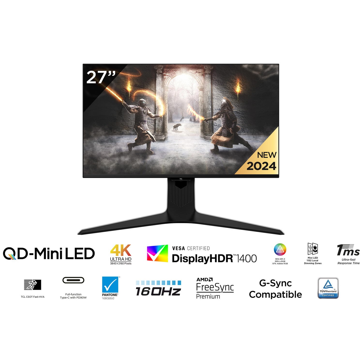 Un écran de 27 pouces affiche une scène fantastique avec deux personnages maniant de la lumière. Les spécifications incluent 4K, 160 Hz et FreeSync.