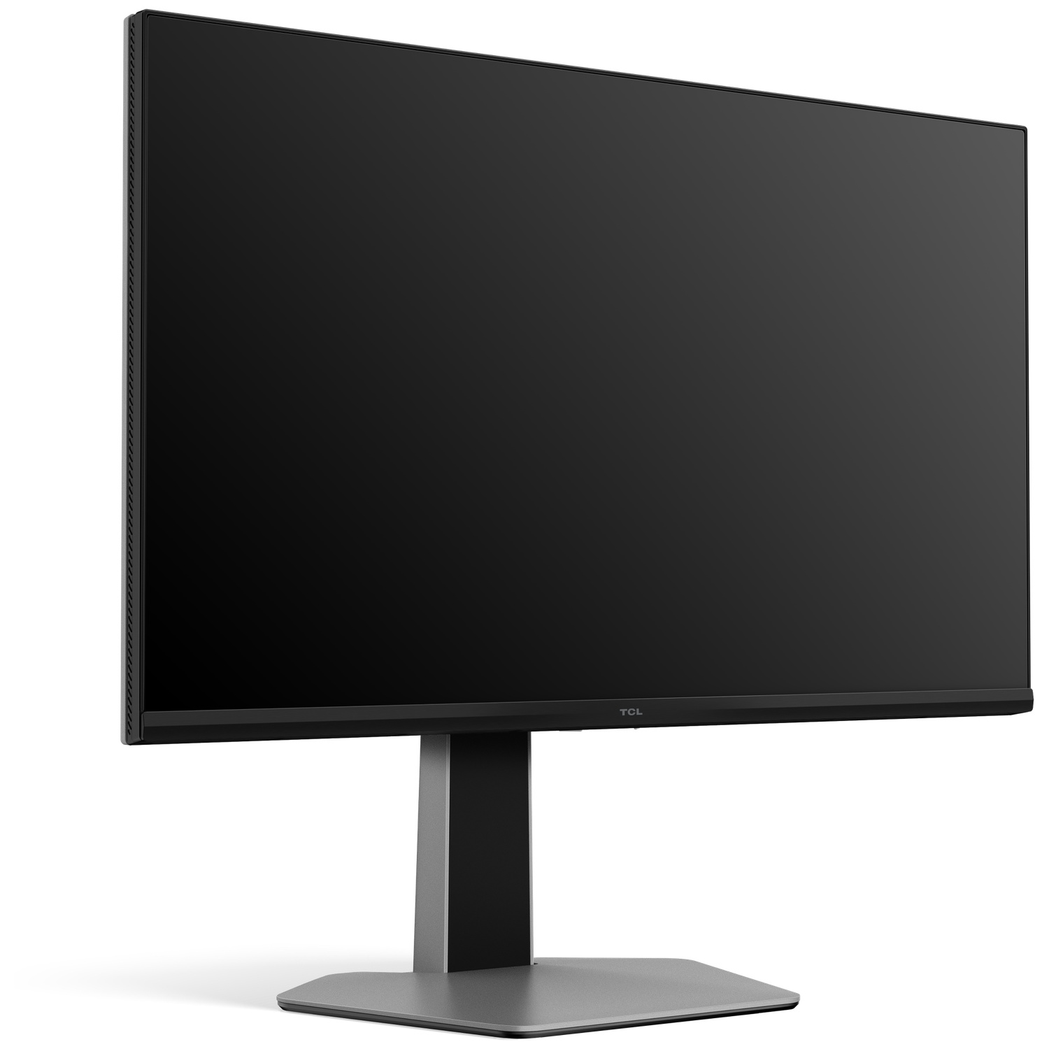 Un écran d'ordinateur noir sur un support gris. L'écran est sombre. La marque TCL est visible en bas.