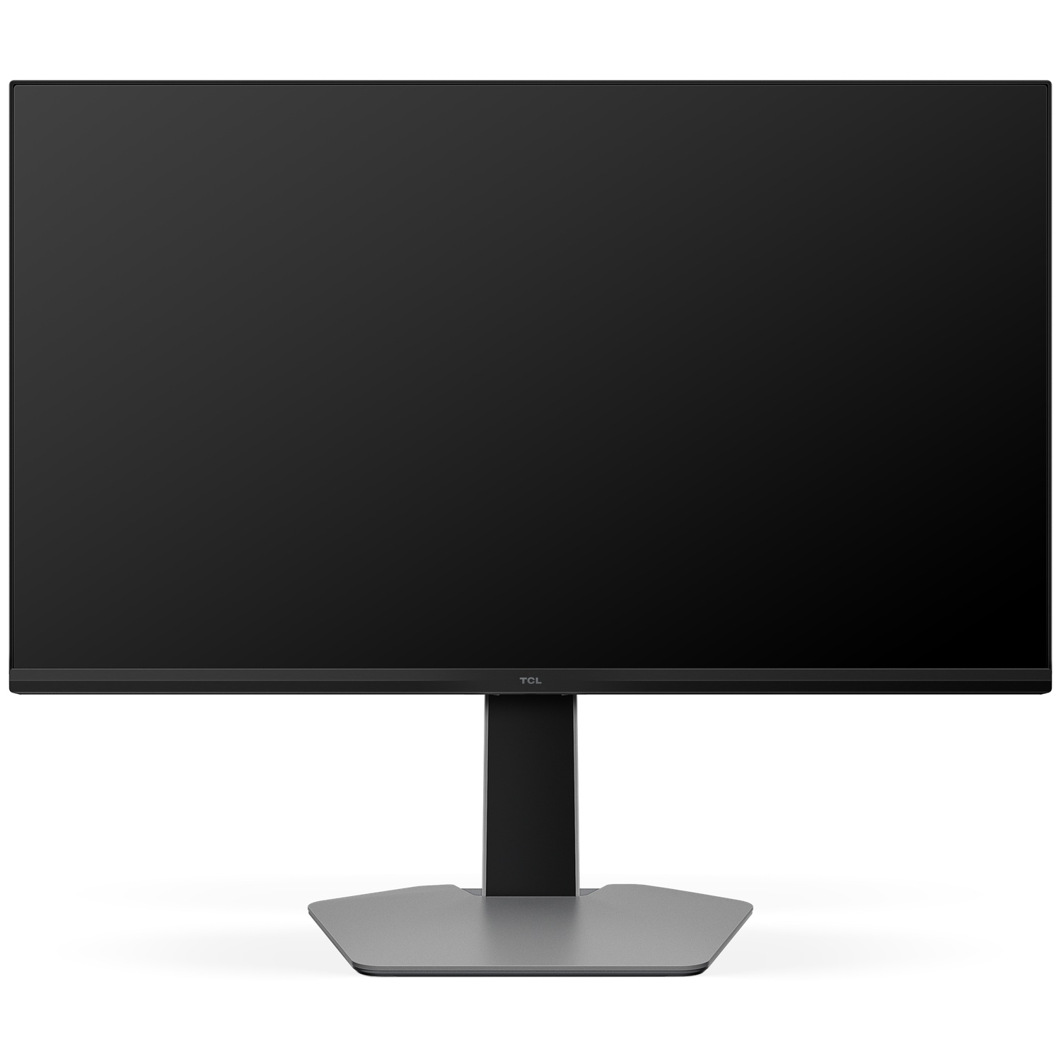 Un écran d'ordinateur noir avec un support noir et une base argentée. L'écran est vide. La marque TCL est visible.