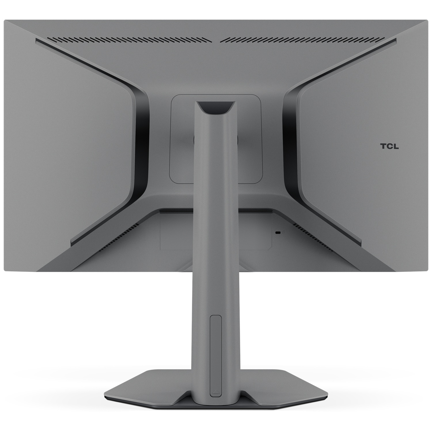 L'arrière d'un moniteur TCL gris est montré. Un support soutient le moniteur, le logo TCL est visible à droite.