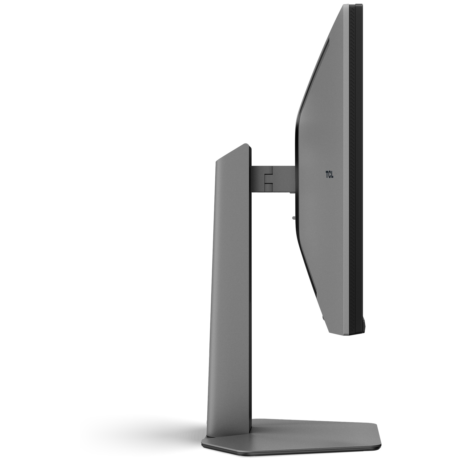 Vue latérale d'un moniteur d'ordinateur TCL gris. L'écran est noir, avec un support et une base gris. Le logo TCL est visible.